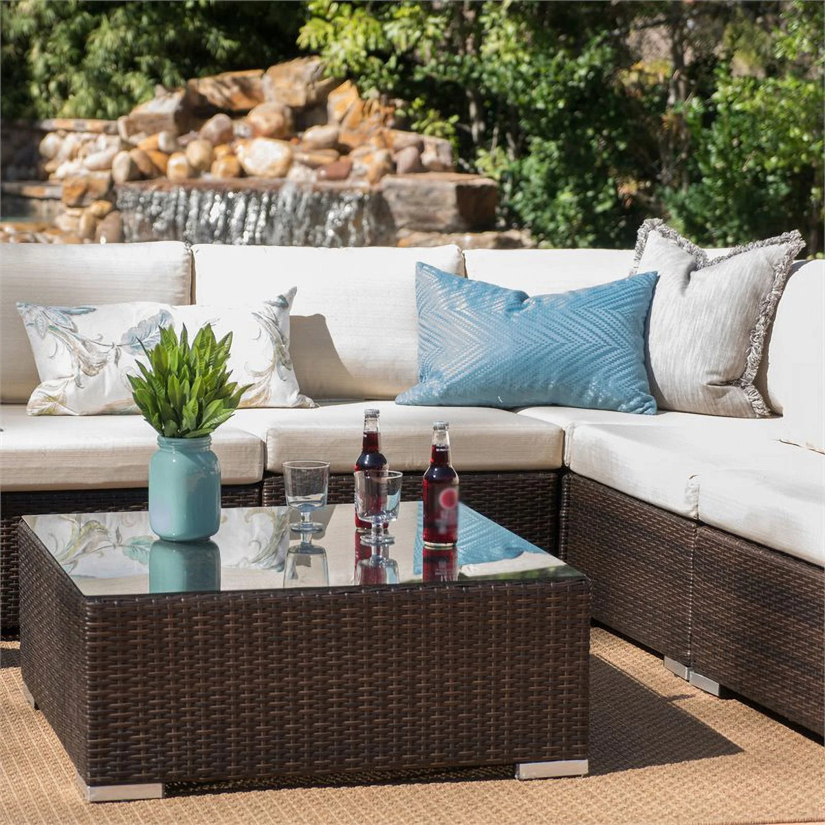 Multibrown Wicker 5 Seater Sectional Sofa Set with Beige Cushions U732021