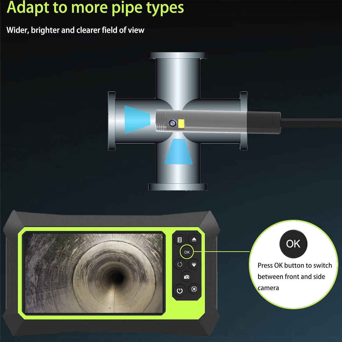 23FT Dual Lens Video Endoscope Inspection Camera with 8 mm IP67 Waterproof Semi-Rigid Cable M61405
