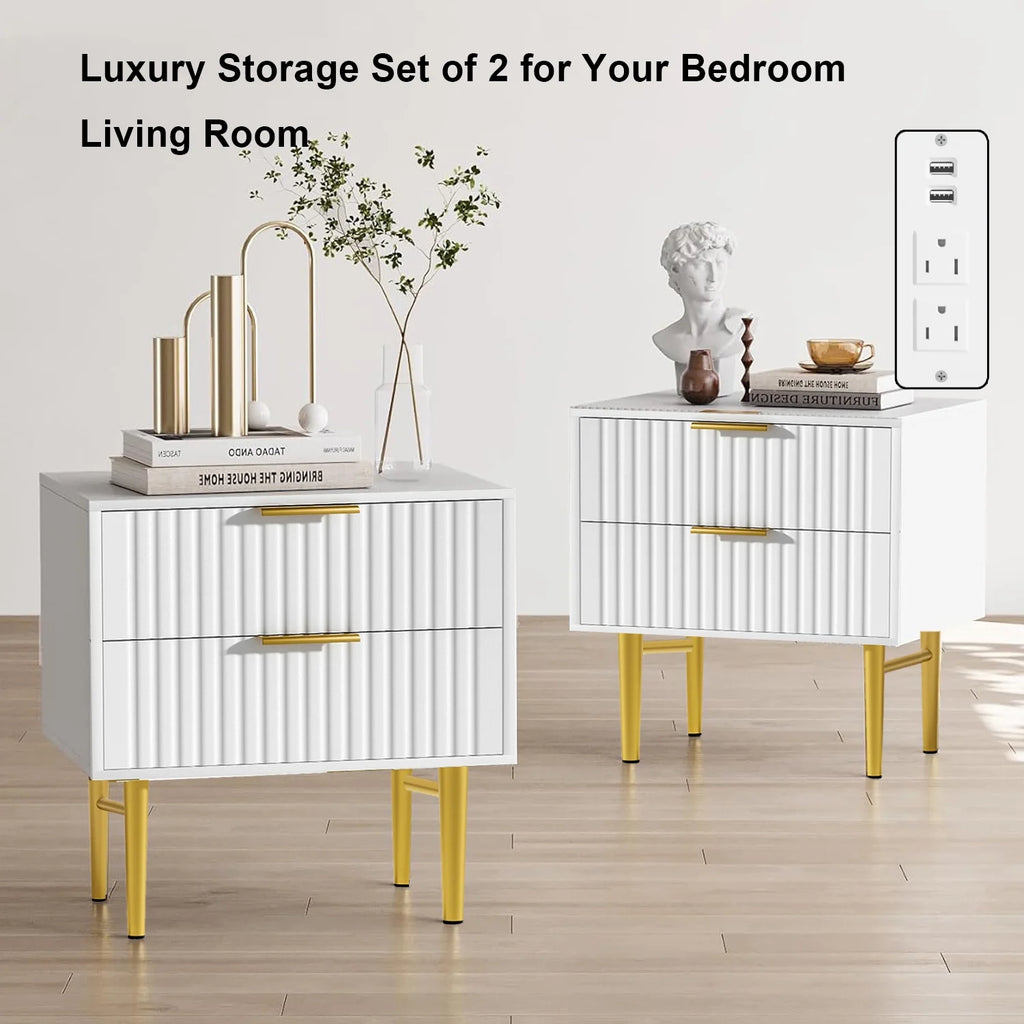 Modern Wood Fluted Nightstand Set of 2 with Charging Station White L853598