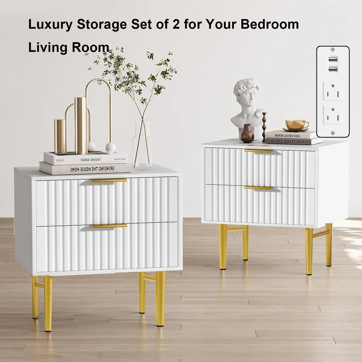 Modern Wood Fluted Nightstand Set of 2 with Charging Station White L853598