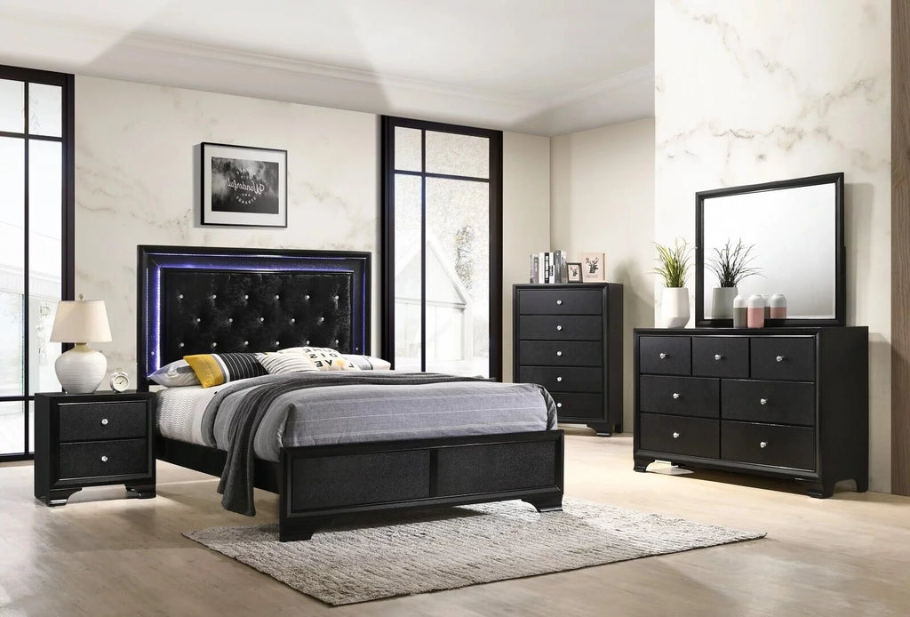 Black Full Size Upholstery LED Bed Dresser Mirror Nightstand Set C2541