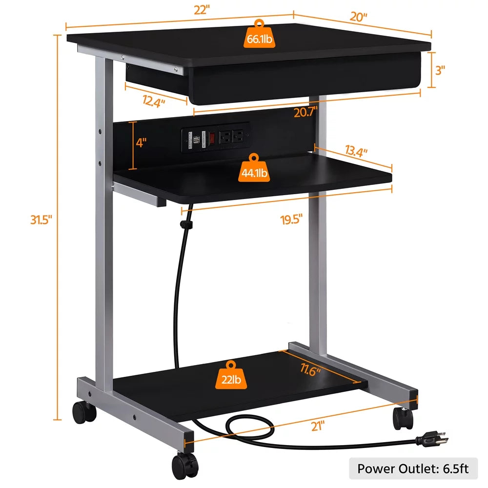 22in Rolling Laptop Computer Desk with Power Outlet, Black U527392