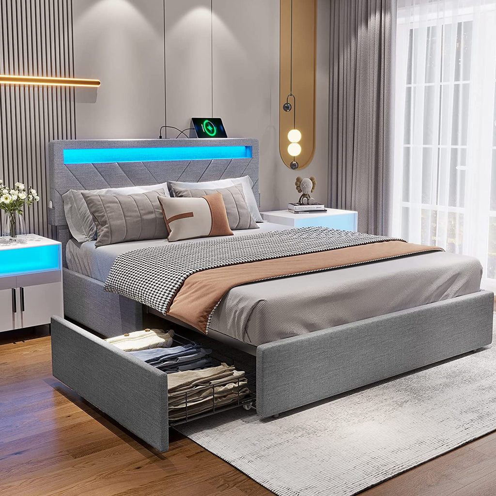 Queen Bed Frame with LED Lights Headboard, 4 Drawers, 2 USB Charging Station, Dark Gray B171