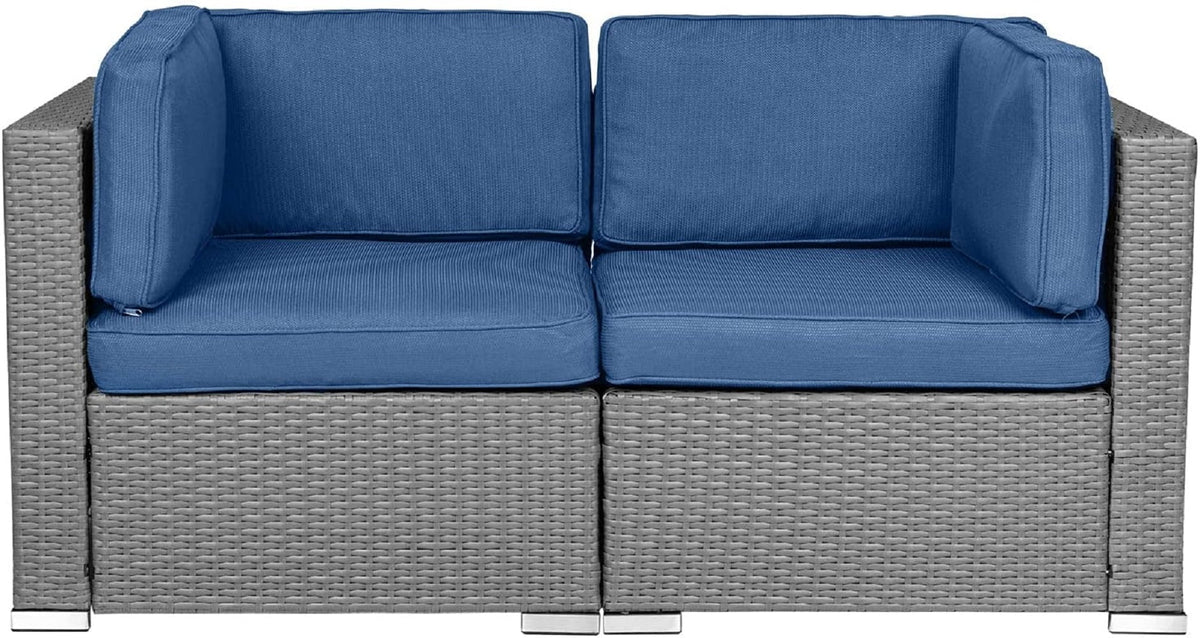 2-Piece Gray Wicker Corner Sofa Set with Denim Blue Cushions J987357