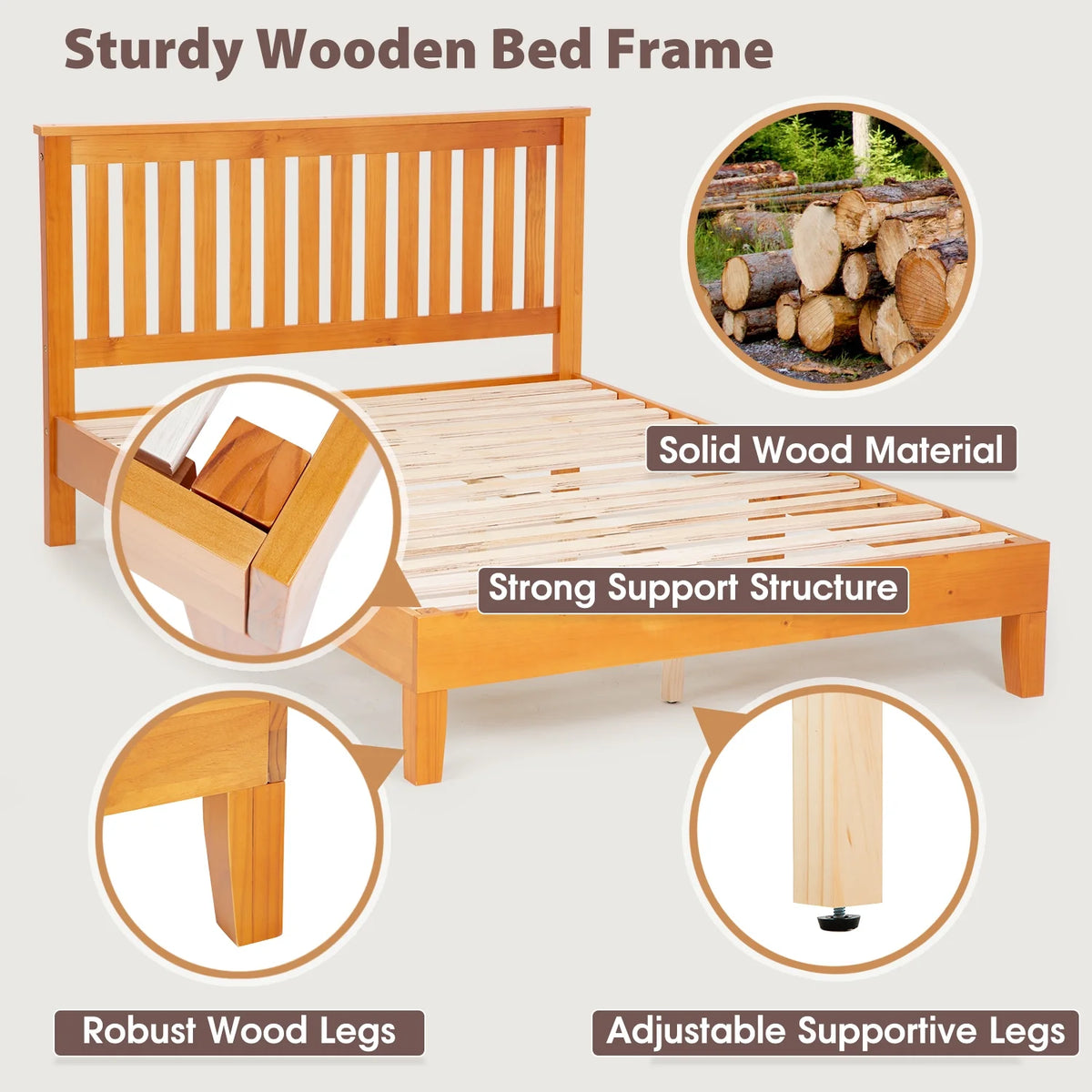Queen Size Bed Frame with Headboard Wood Slats K5159