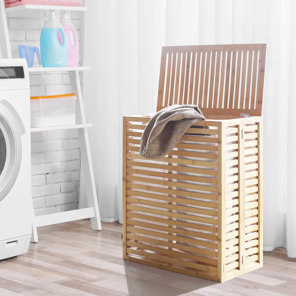 Foldable Bamboo Laundry Hamper with Lid and Liner Bag I7502