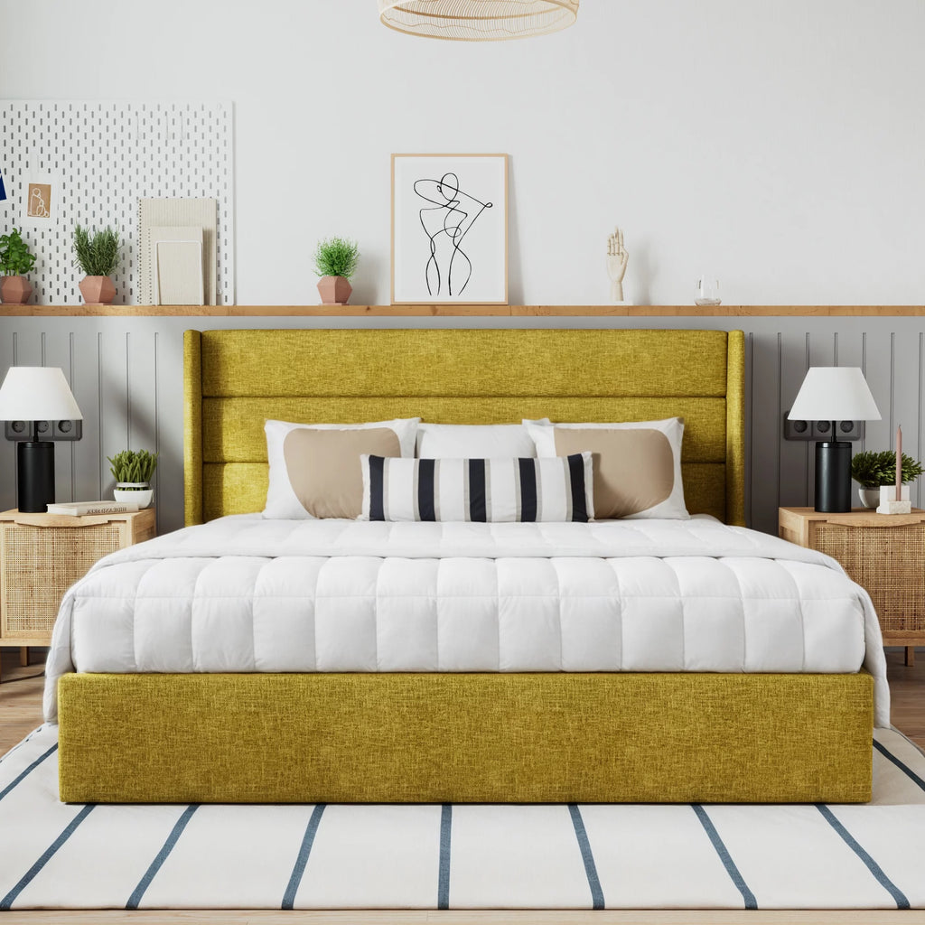 Beige Queen Size Lift Up Platform Bed Frame with Headboard B4458