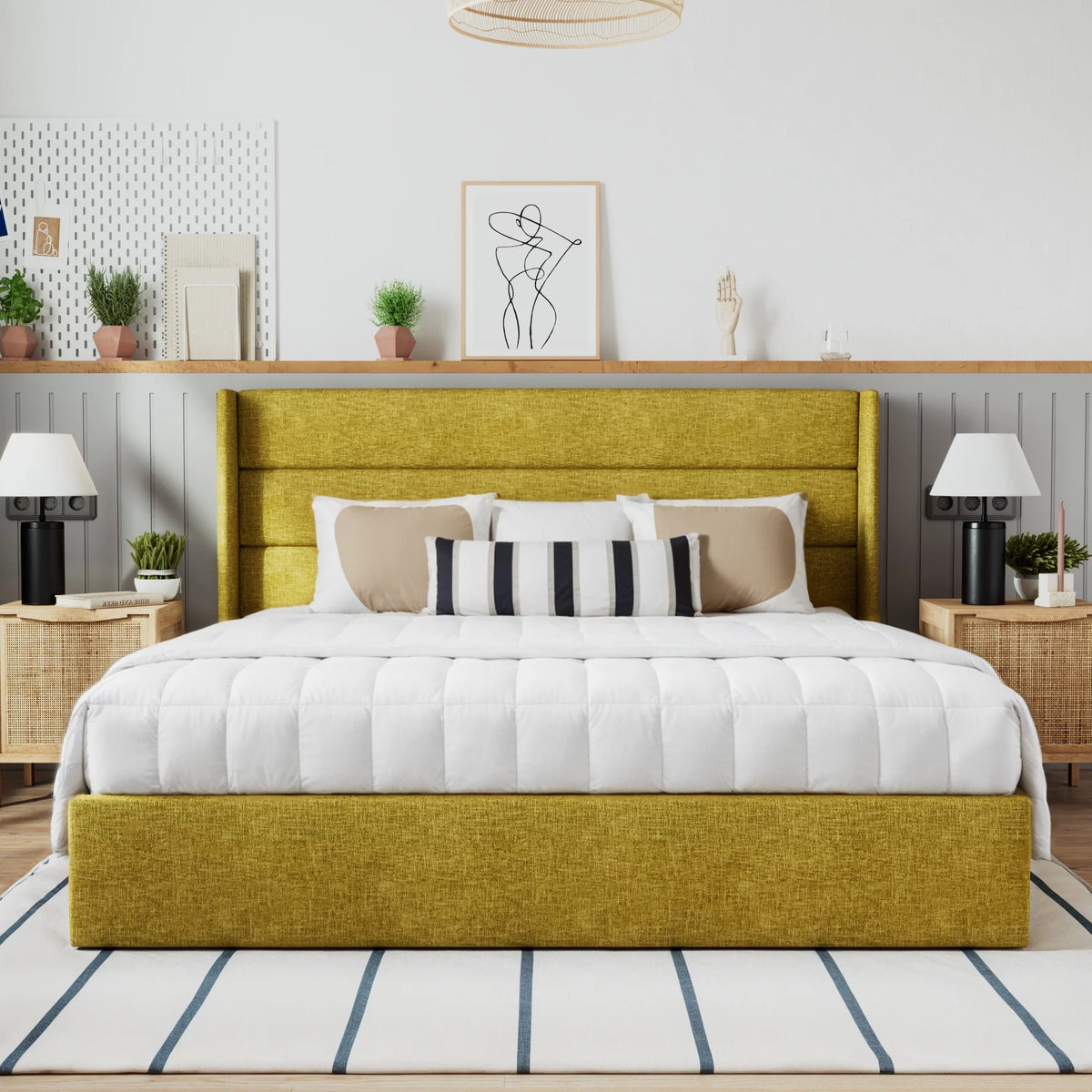 Beige Queen Size Lift Up Platform Bed Frame with Headboard B4458