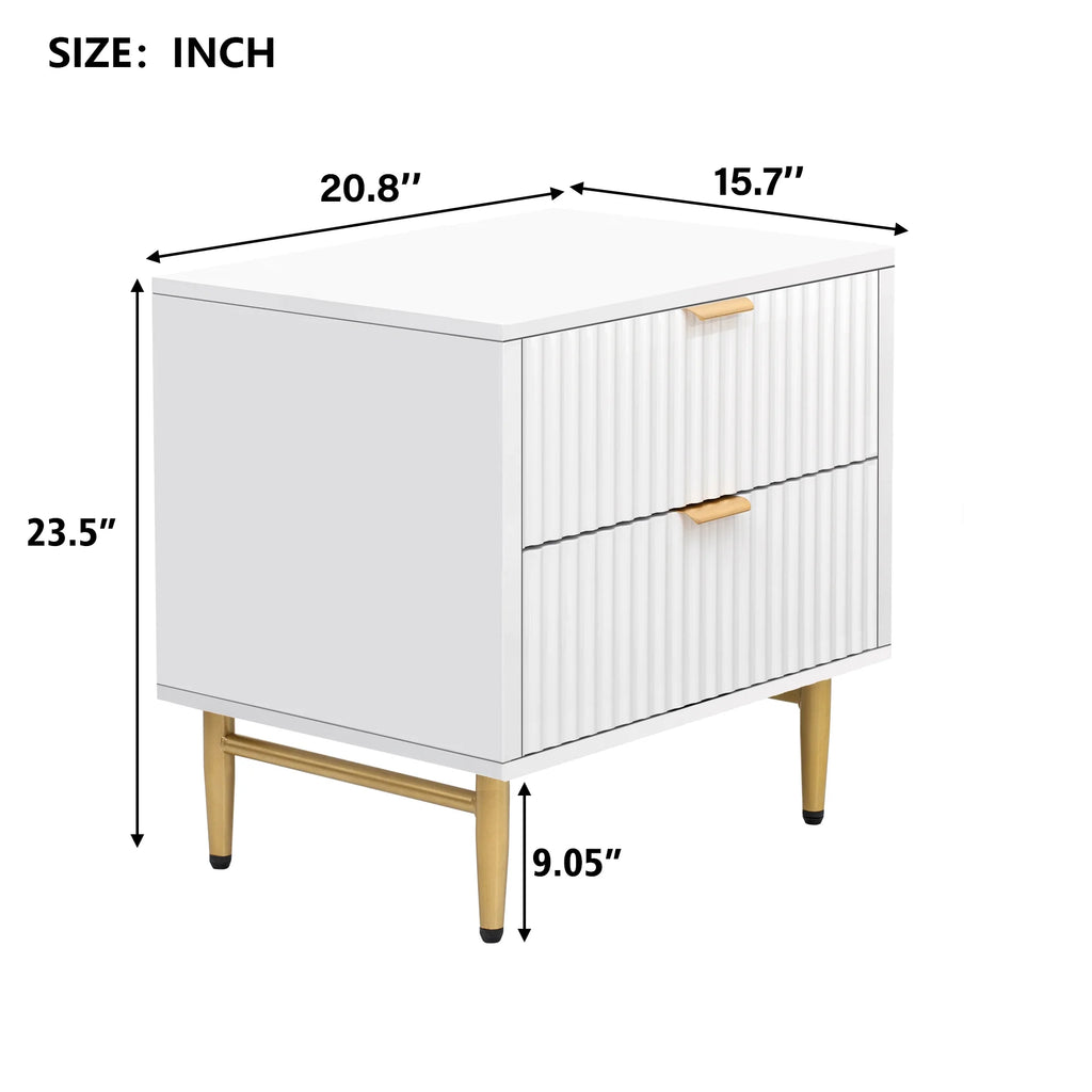 Modern Wood Fluted Nightstand Set of 2 with Charging Station White L853598