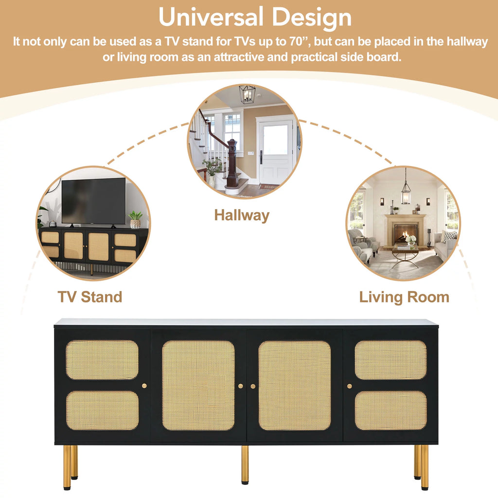 Boho Rattan TV Stand with Gold Metal Base I18773