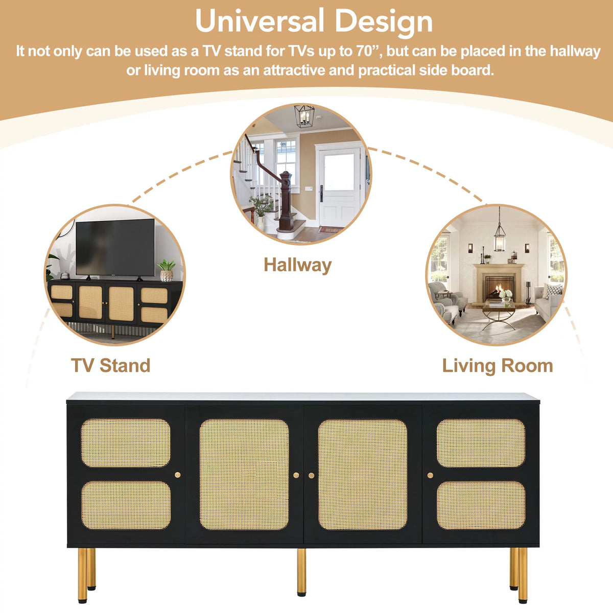 Boho Rattan TV Stand with Gold Metal Base I18773