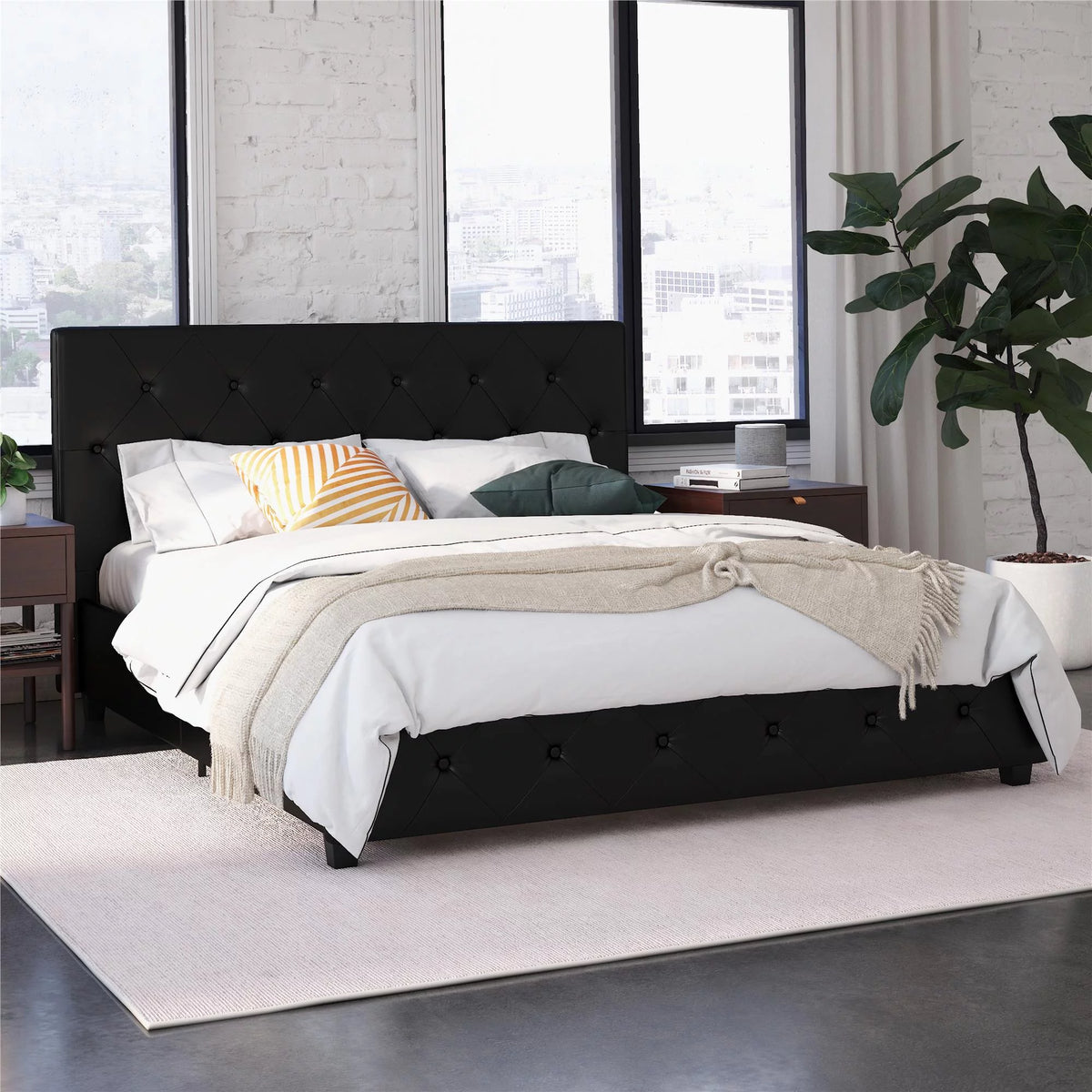 Queen Camel Faux Leather Upholstered Platform Bed U2572