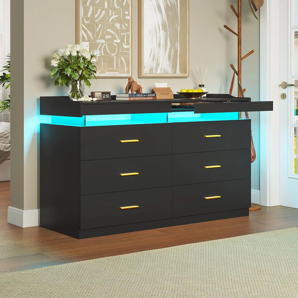 Black 6 Drawer Wood Dresser with 2 Pull-Out Trays O758121