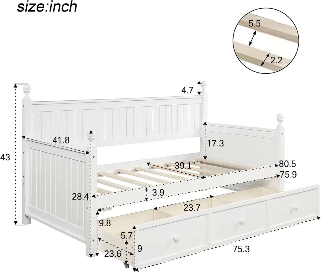 White Wood Daybed with Drawers W5236