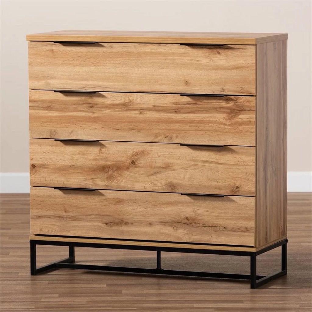 Oak Finished Wood Black Metal 4-Drawer Dresser J21843