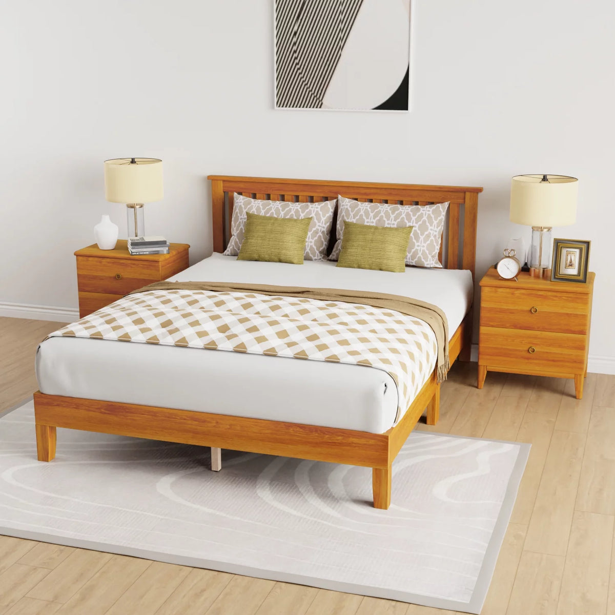 Queen Size Bed Frame with Headboard Wood Slats K5159