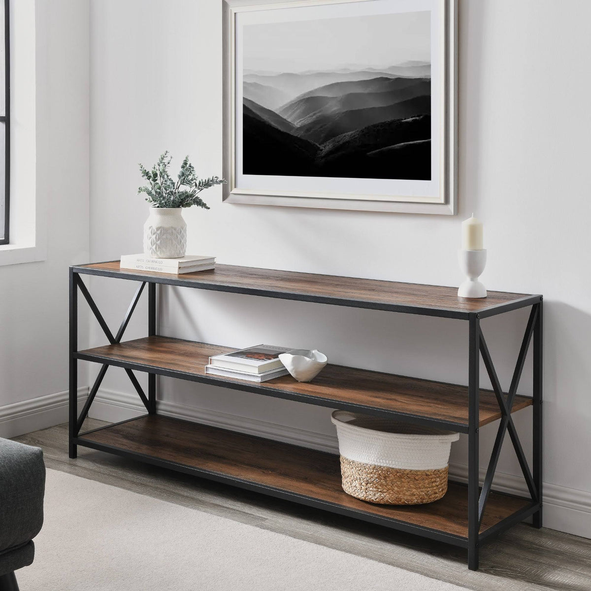 60-Inch X-Frame Bookshelf Dark Walnut Black Metal H528519