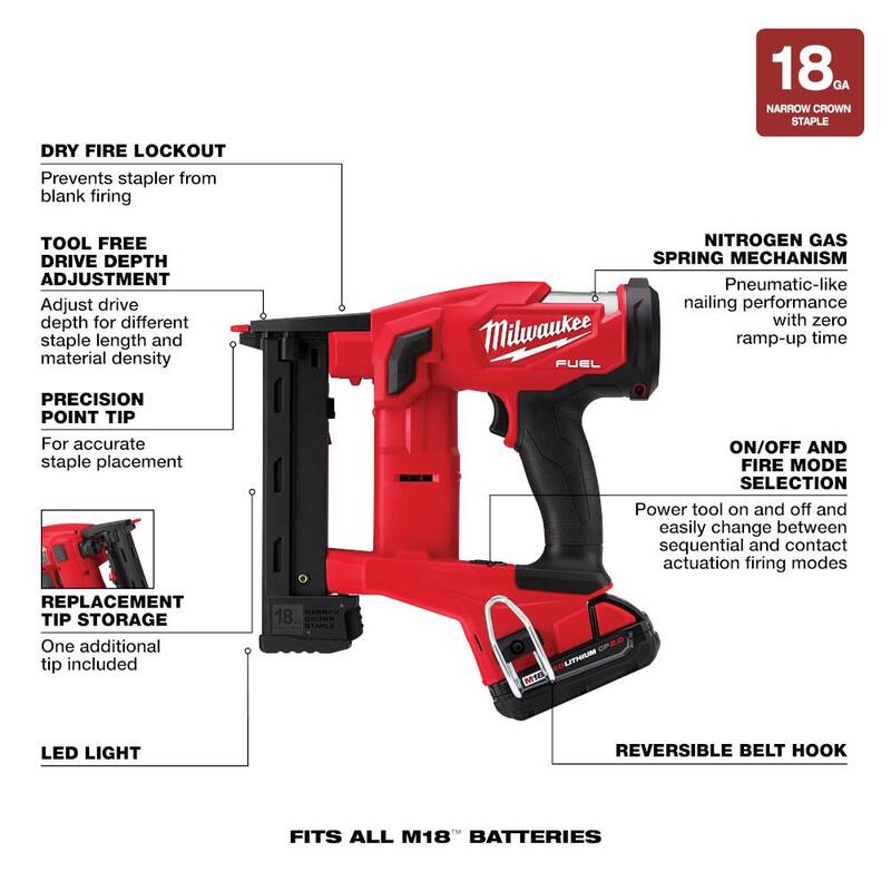 18-Volt Lithium-Ion Brushless Cordless 18-Gauge Narrow Crown Stapler Kit M211