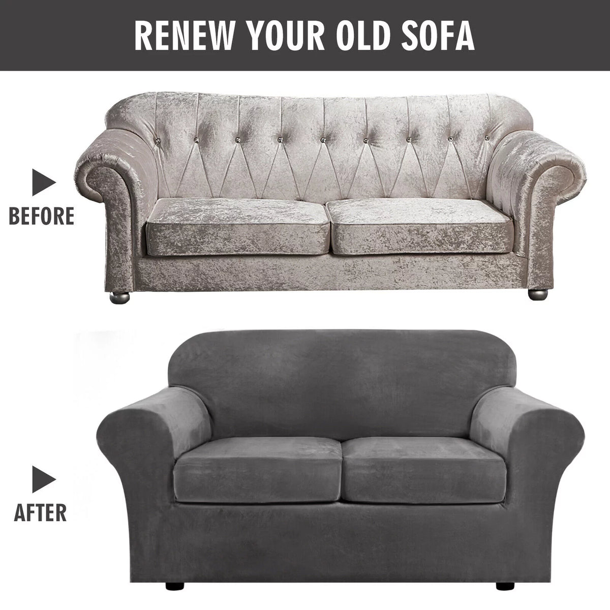 Velvet 3 Piece Stretch Sofa Covers Loveseat Covers Gray D54638