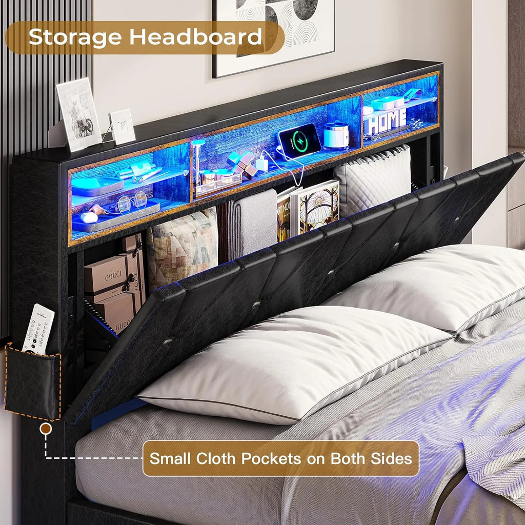 Black Full Size LED Bed Frame with Upholstered Storage Headboard O181952