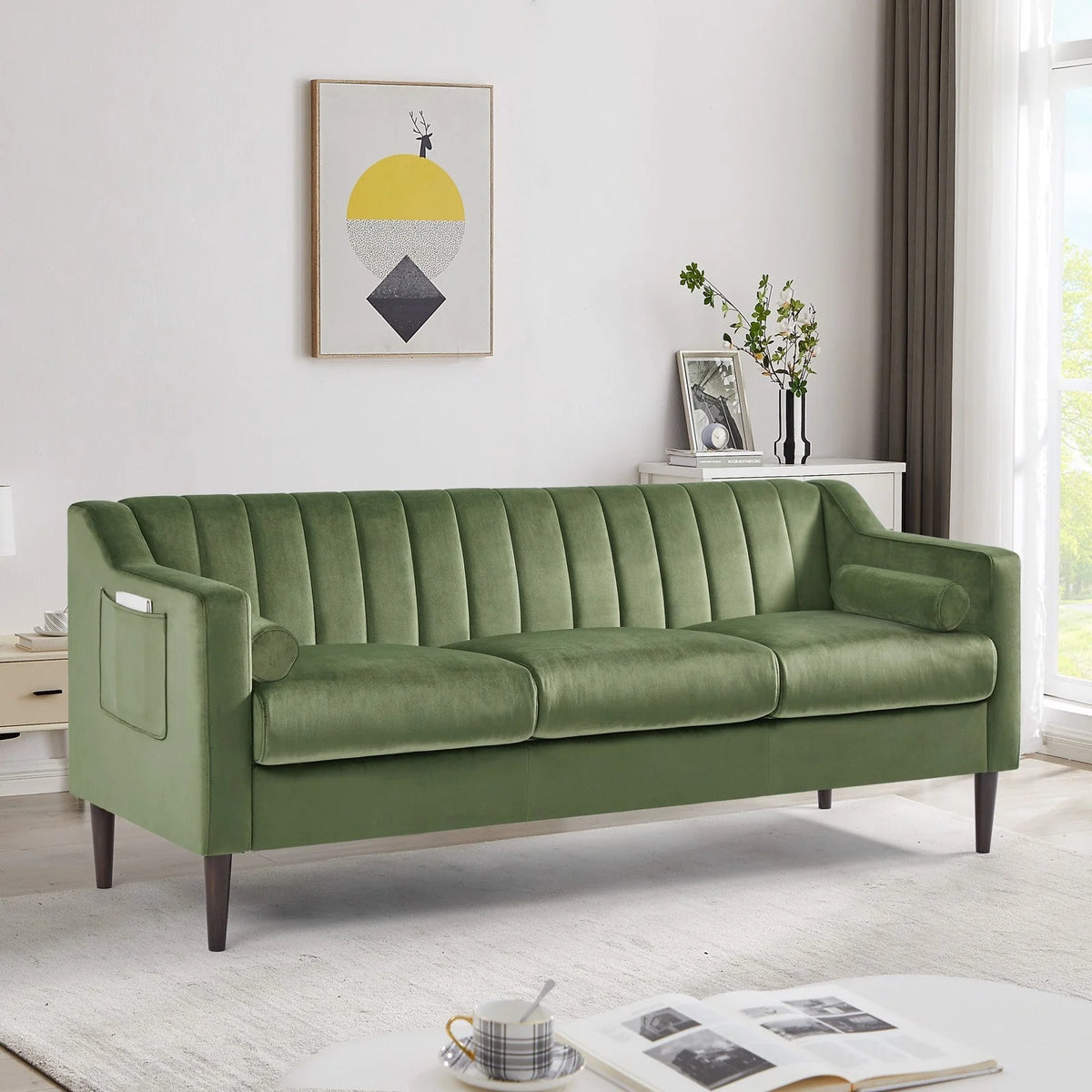 Velvet Upholstered Chesterfield Sofa with Wooden Legs S543265