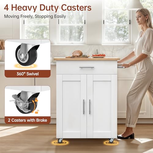 White Rolling Kitchen Island with Storage W668592