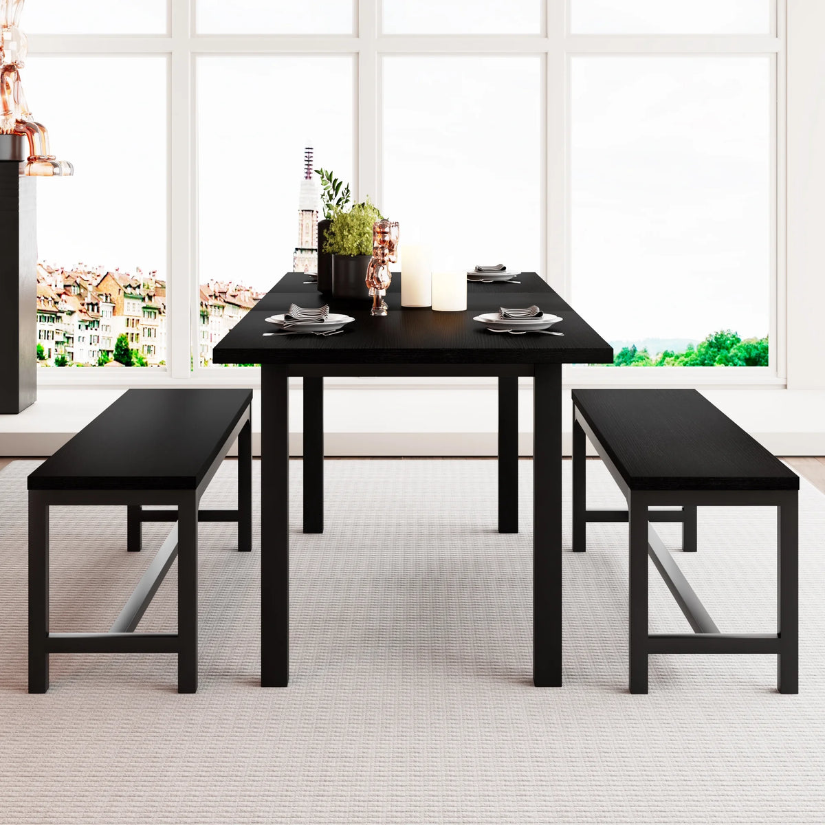 63" Extendable Dining Table Set with 2 Benches D3044