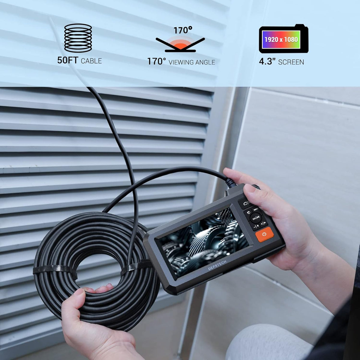 Dual Lens Endoscope with 50FT Semi-Rigid Cable, 1080P Borescope Inspection Camera, 7.9mm, IP67 Waterproof, 7 LED Lights H4154
