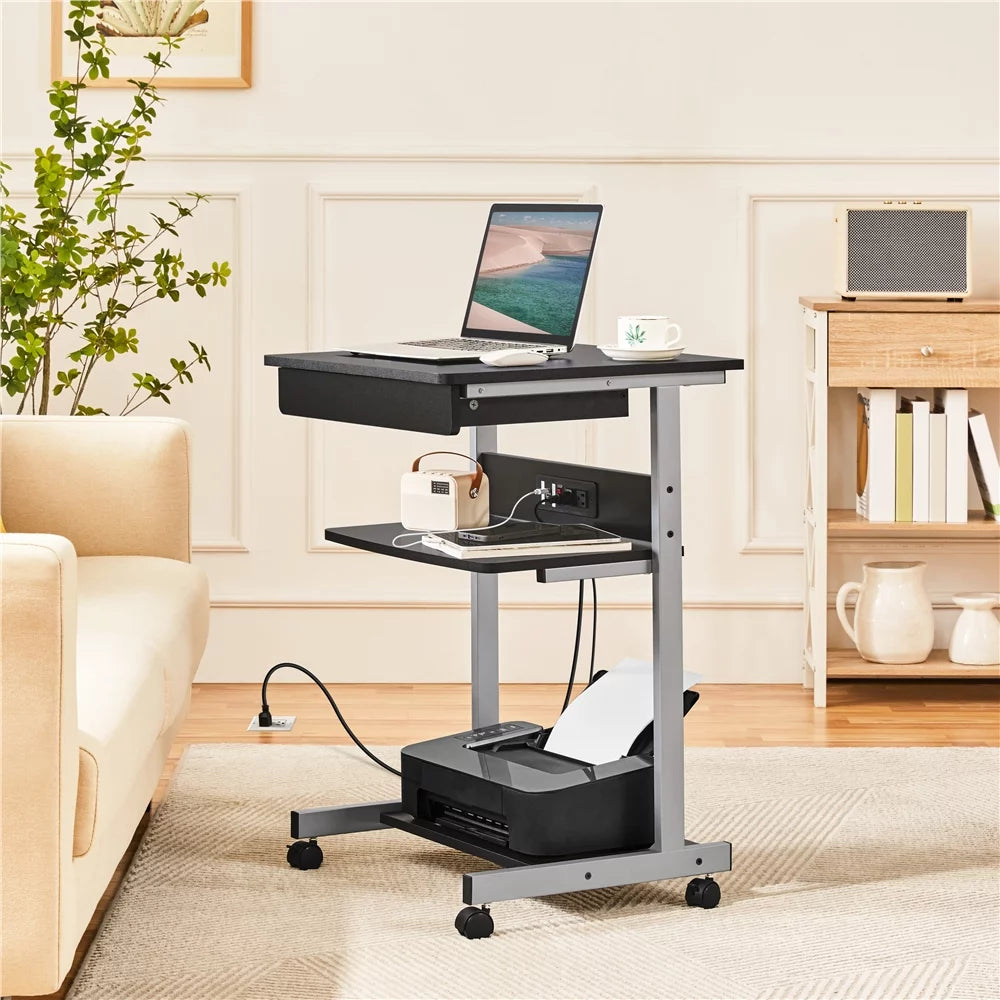 22in Rolling Laptop Computer Desk with Power Outlet, Black U527392