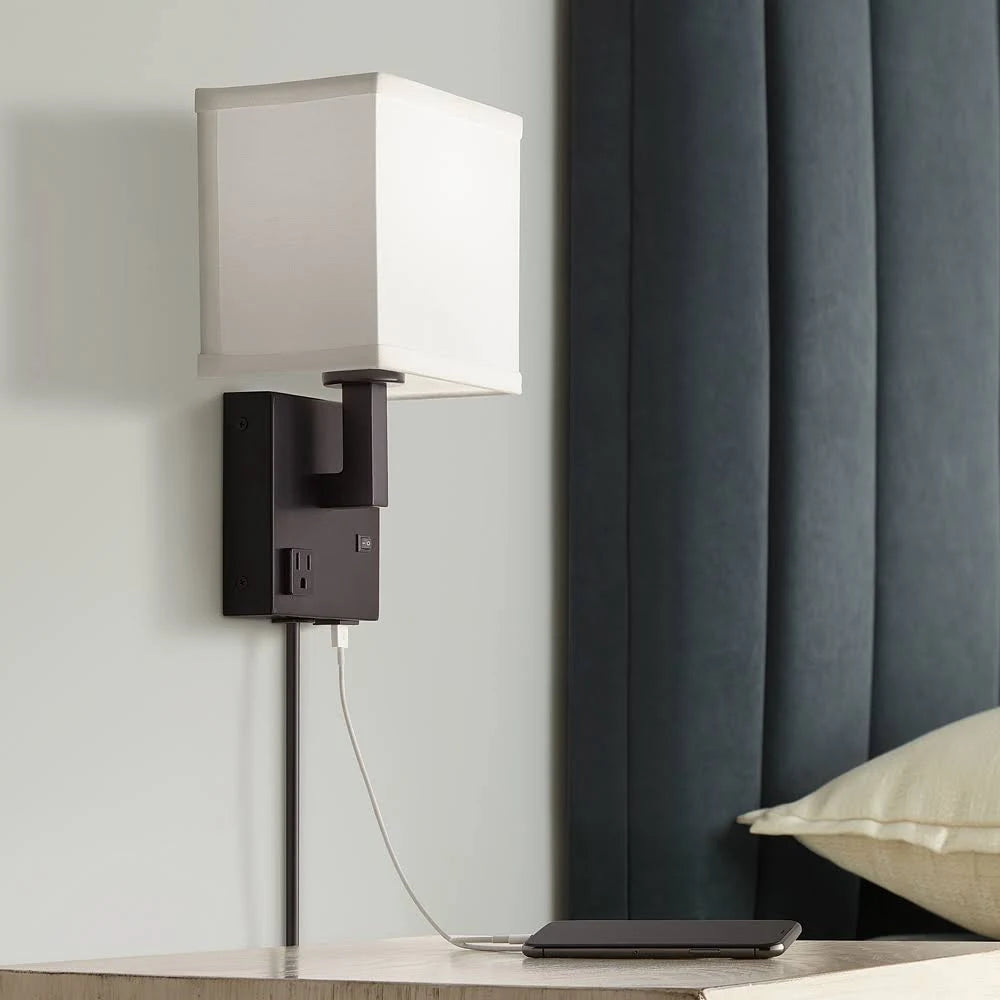 Black Plug-In Wall Light with USB Port and Outlet Z831949