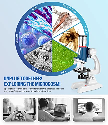 Kids Microscope Kit 100X-1200X Magnification Metal Body LED Light O256247