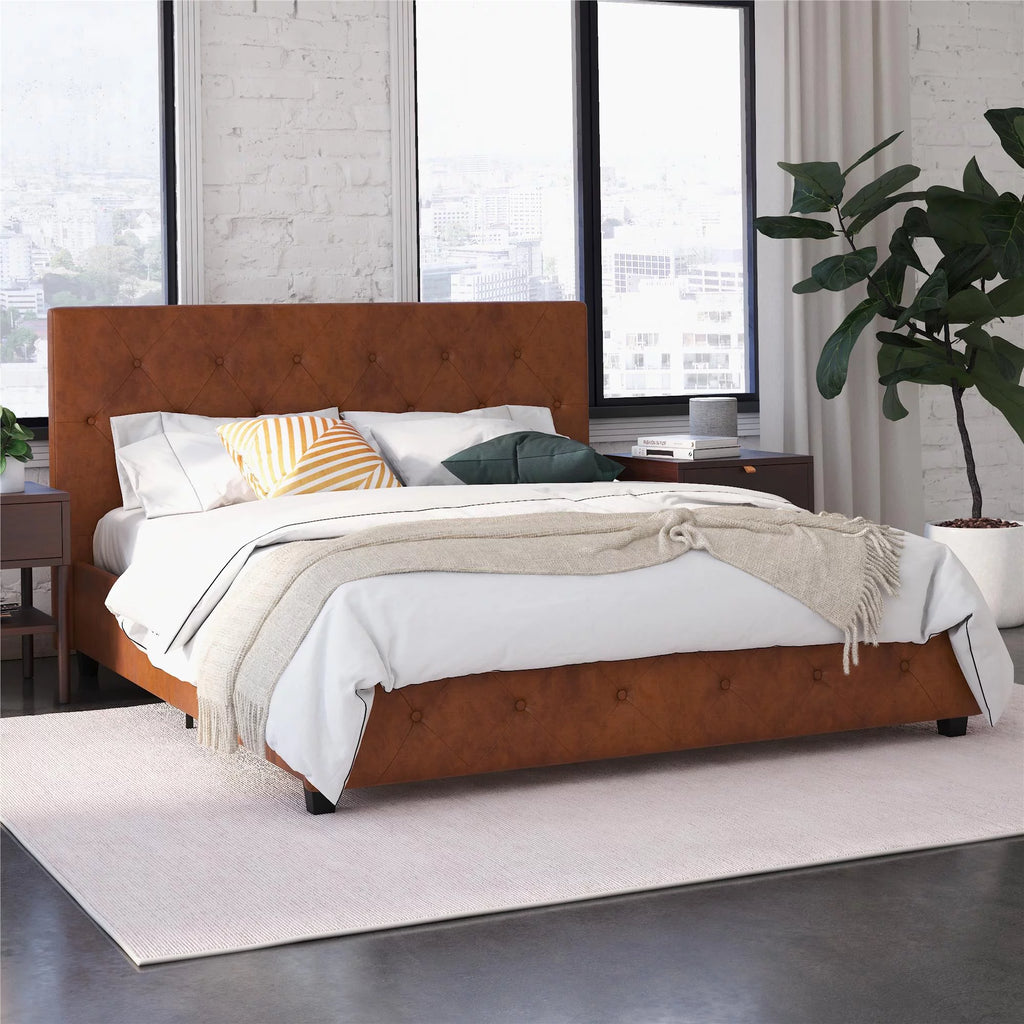 Queen Camel Faux Leather Upholstered Platform Bed U2572