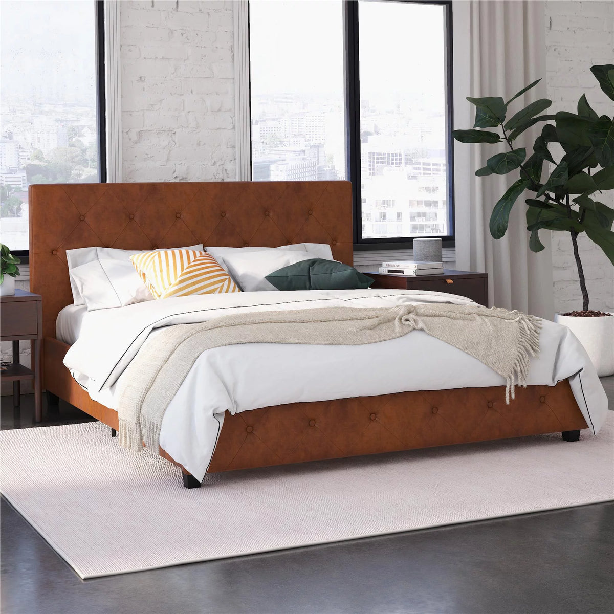 Queen Camel Faux Leather Upholstered Platform Bed U2572