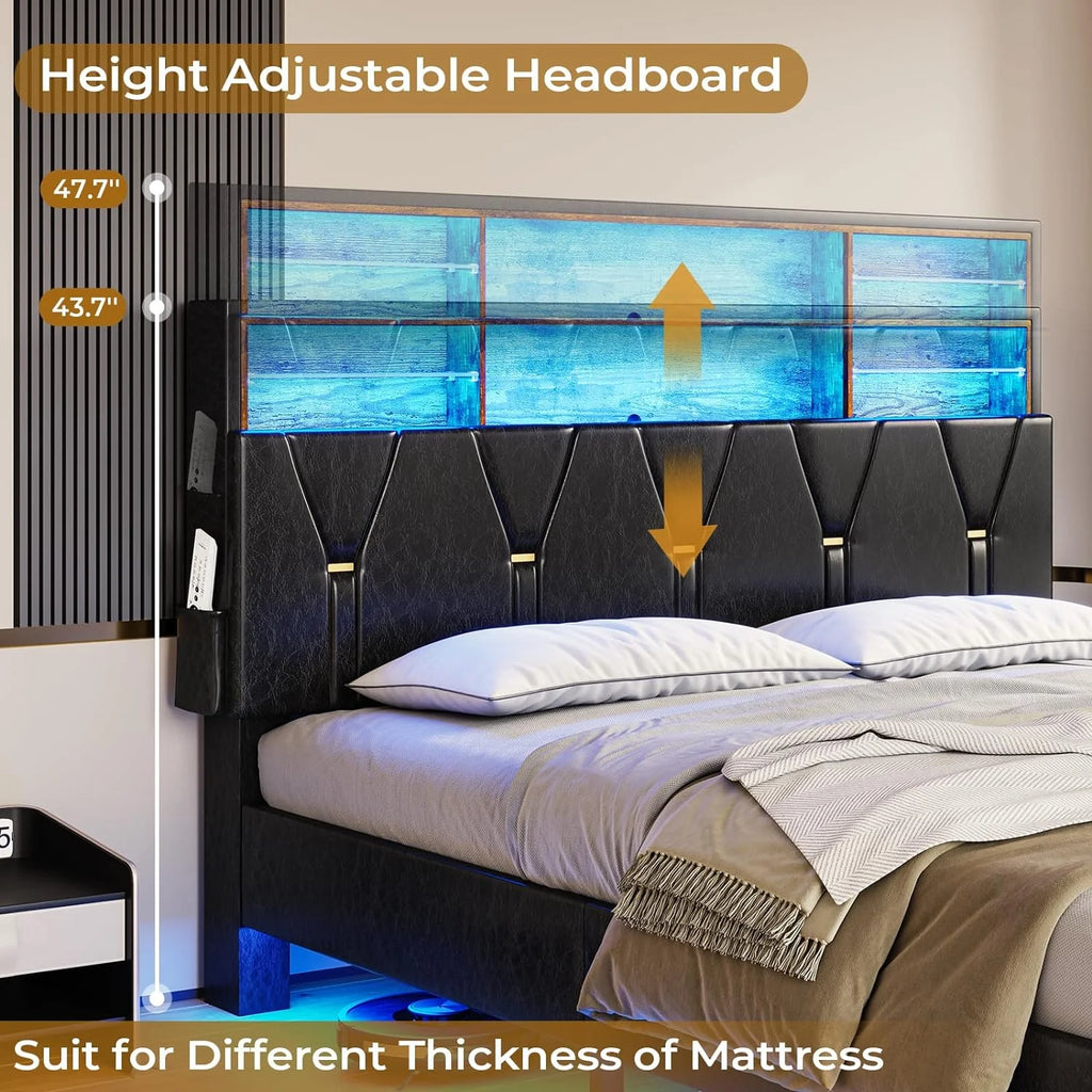 Black Full Size LED Bed Frame with Upholstered Storage Headboard O181952