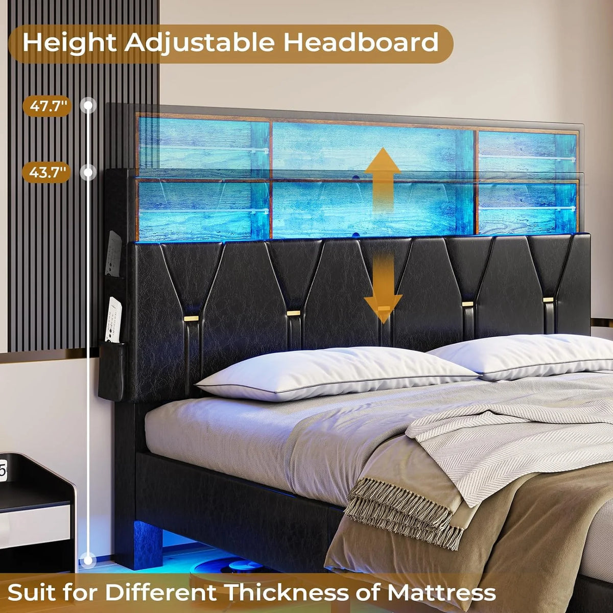 Black Full Size LED Bed Frame with Upholstered Storage Headboard O181952