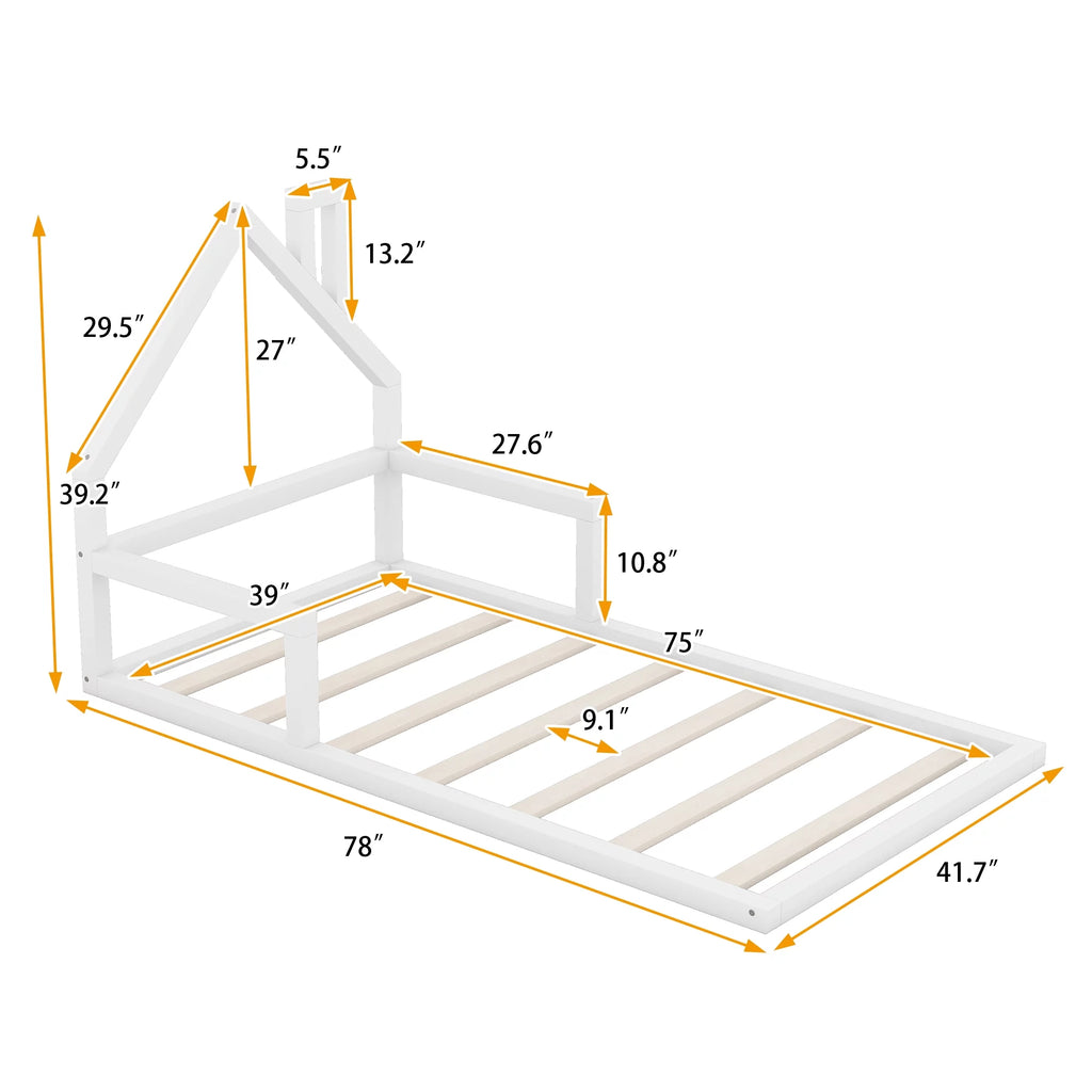 White Twin Size Wood Floor Bed with House-shaped Headboard P1307
