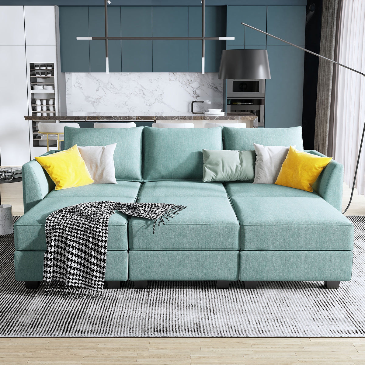 Aqua Blue Fabric Sleeper Sectional Couch Sofa Bed S3510