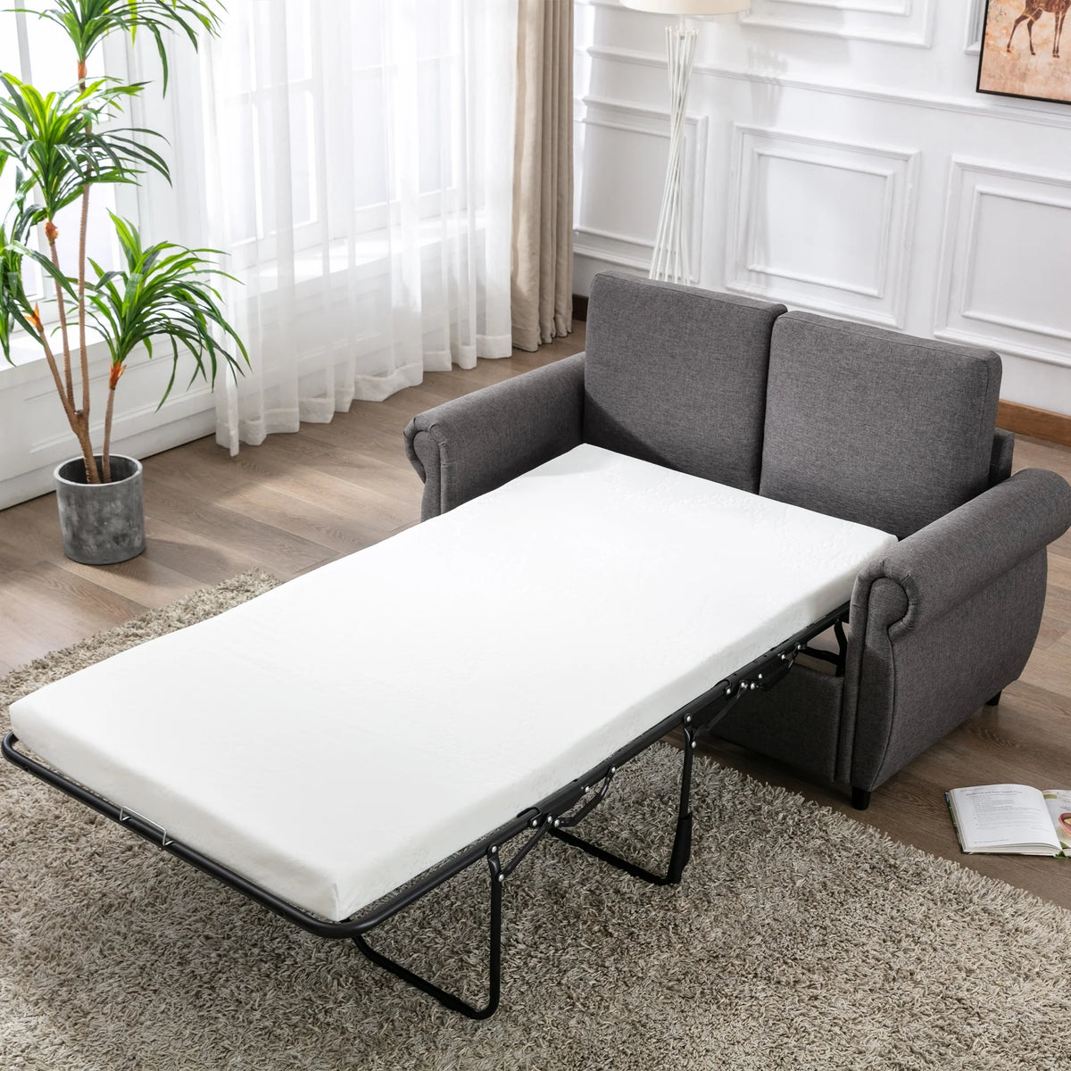 57.5" Gray Pull Out Sofa Bed with Twin Size Memory Mattress A19612