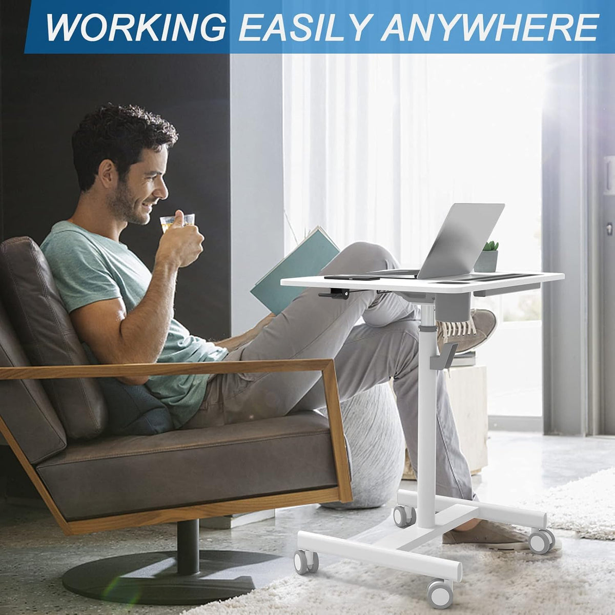 28 inch Pneumatic Sit to Stand Height Adjustable Mobile Laptop Desk with Lockable Wheels, White Q49670
