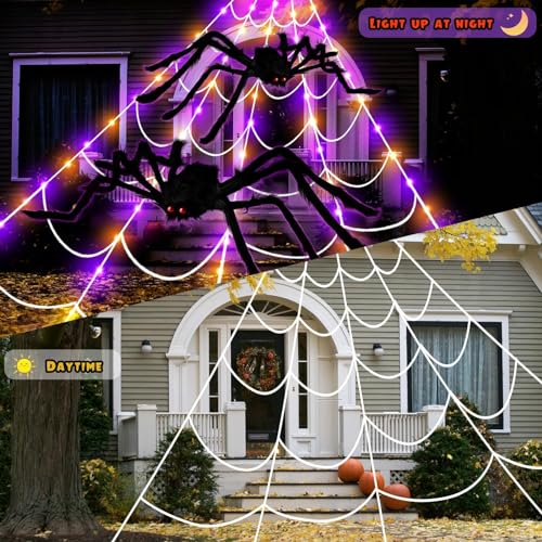 23Ft Orange and Purple LED Light Up Giant Spider Web Halloween Decorations W378
