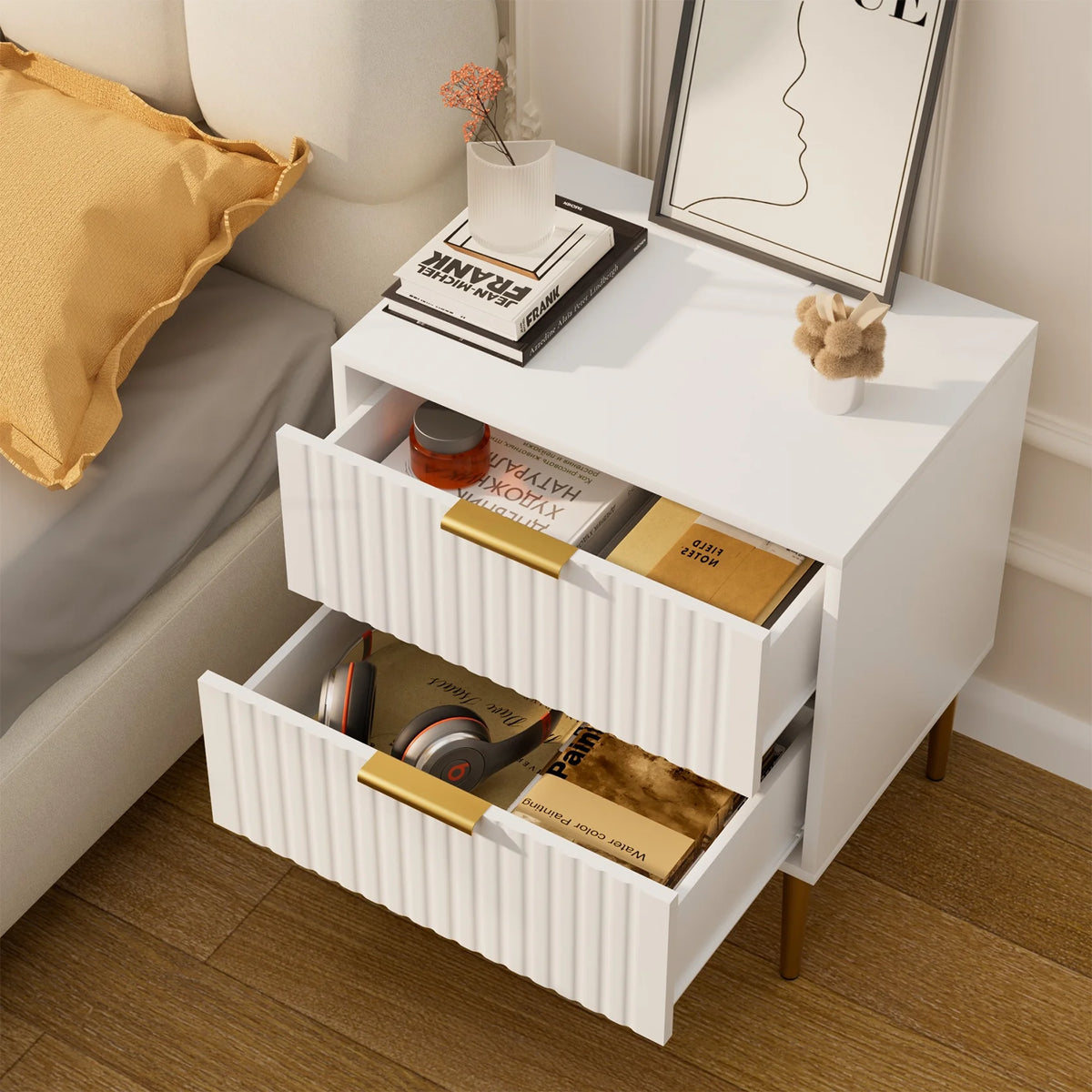 Modern Wood Fluted Nightstand Set of 2 with Charging Station White L853598