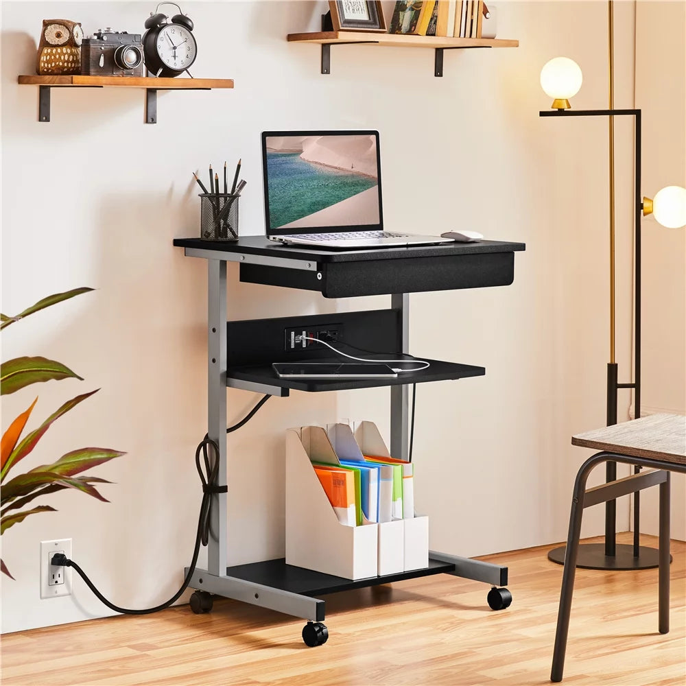 22in Rolling Laptop Computer Desk with Power Outlet, Black U527392