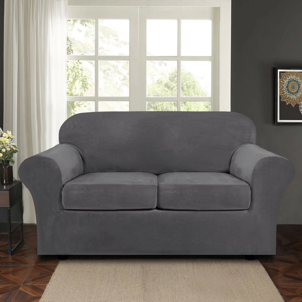 Velvet 3 Piece Stretch Sofa Covers Loveseat Covers Gray D54638
