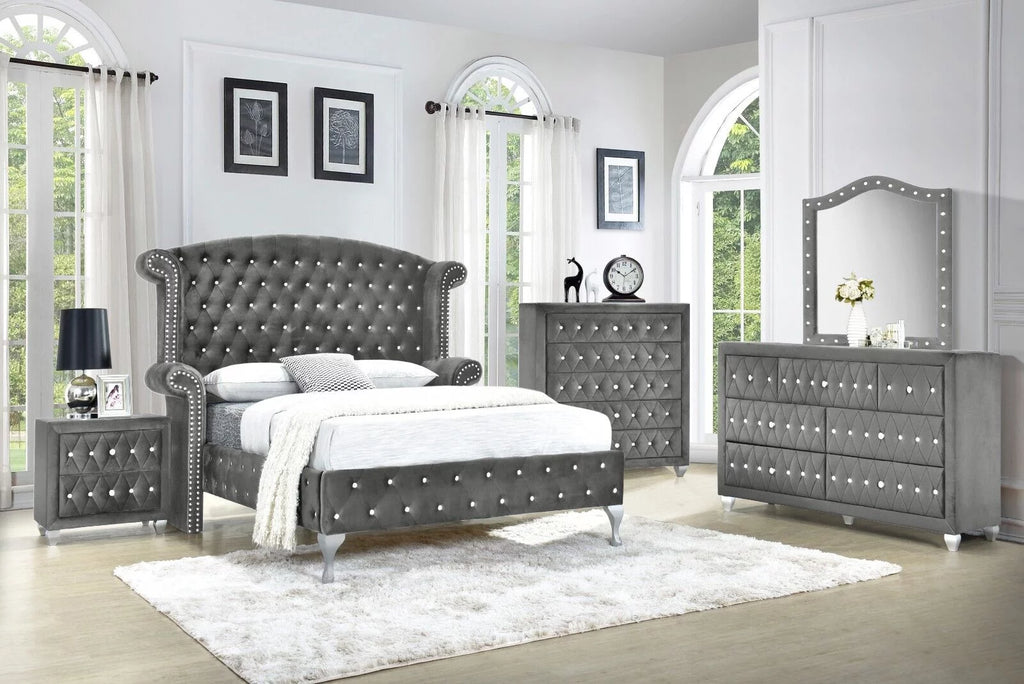 Gray Velvet Queen Size 6Pc Bedroom Furniture Set A426