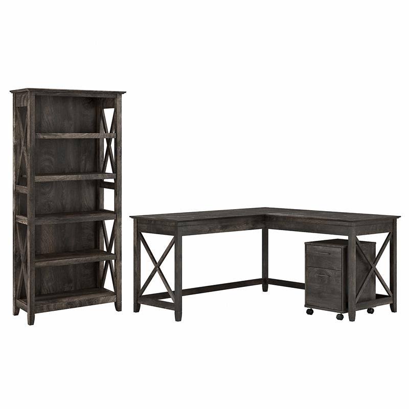 Gray L Shaped Desk with File Cabinet and Bookcase O9734