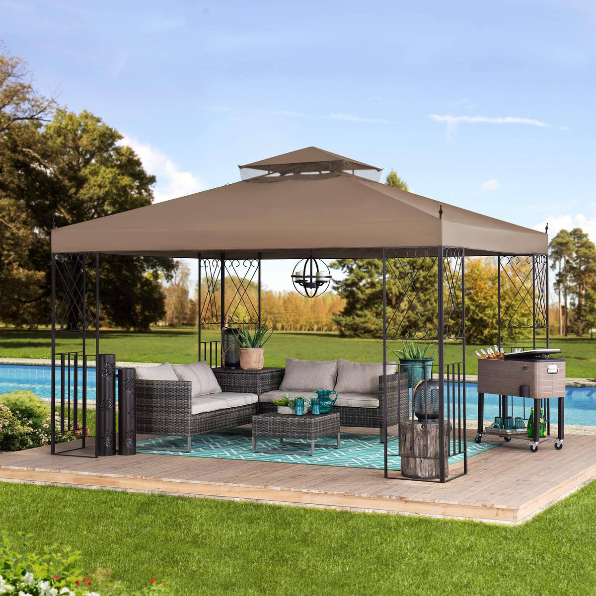 10 ft. x 12 ft. Steel Gazebo with 2-Tier Khaki Canopy S5394