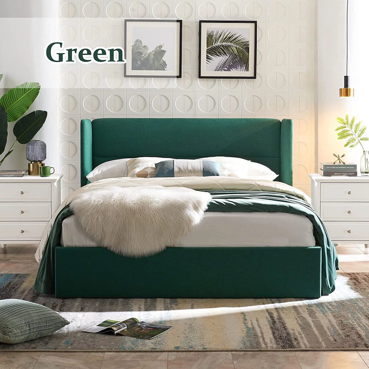 Queen Size Green Linen Upholstered Storage Bed X964774
