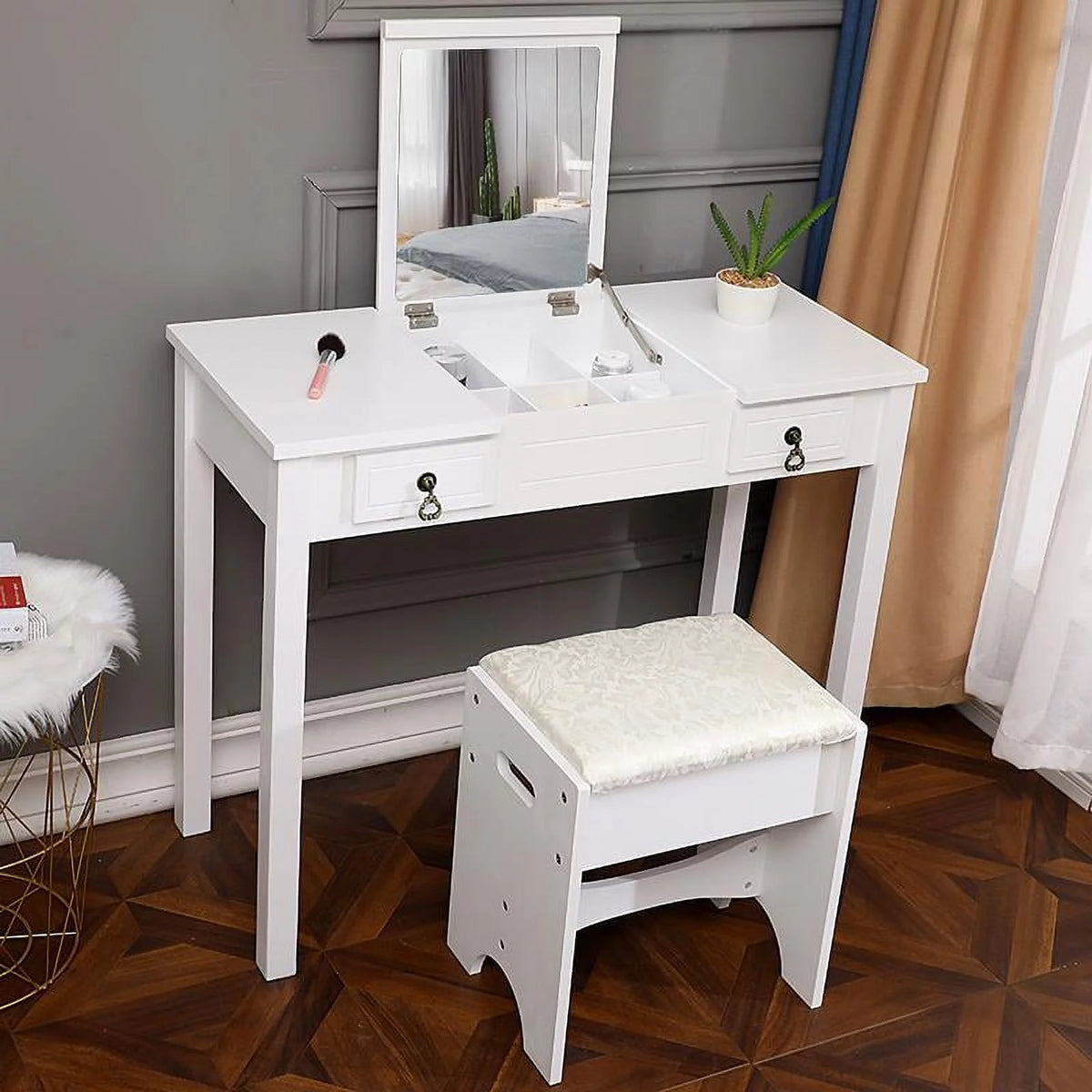 Flip-top Mirror Vanity Set with 2 Drawers and Stool, White E8503