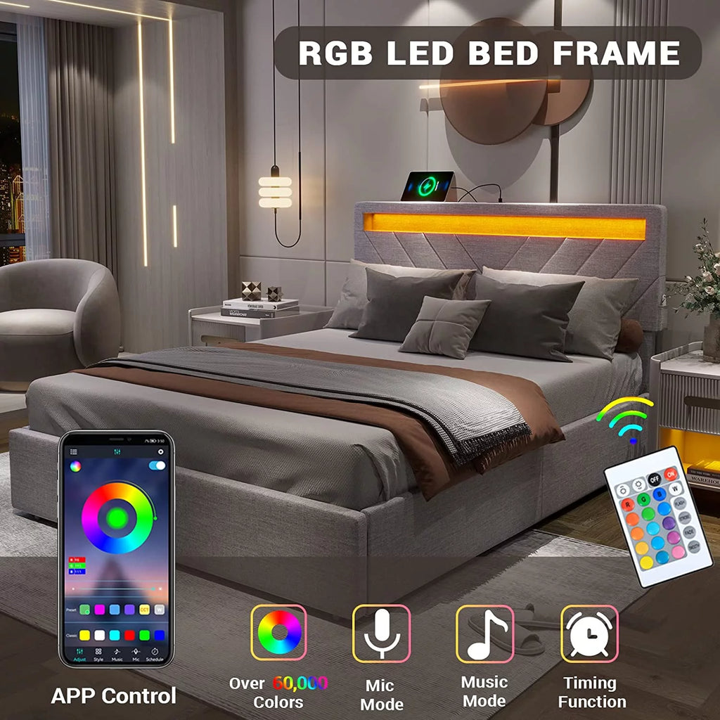 Queen Bed Frame with LED Lights Headboard, 4 Drawers, 2 USB Charging Station, Dark Gray B171
