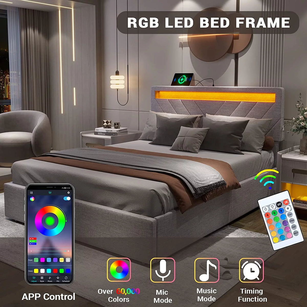 Queen Bed Frame with LED Lights Headboard, 4 Drawers, 2 USB Charging Station, Dark Gray B171